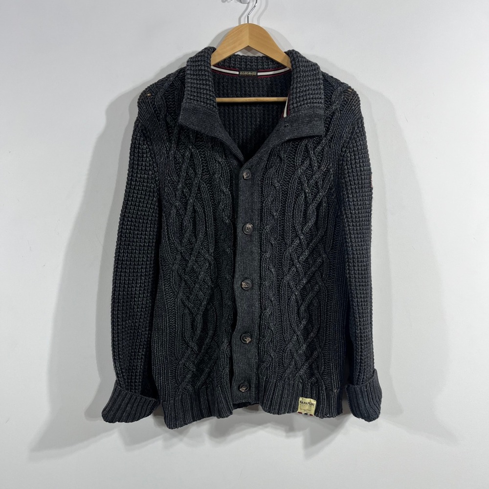 Napapijri Geographic Cable Knit Button Cardigan Sweater Large Norway Fisherman